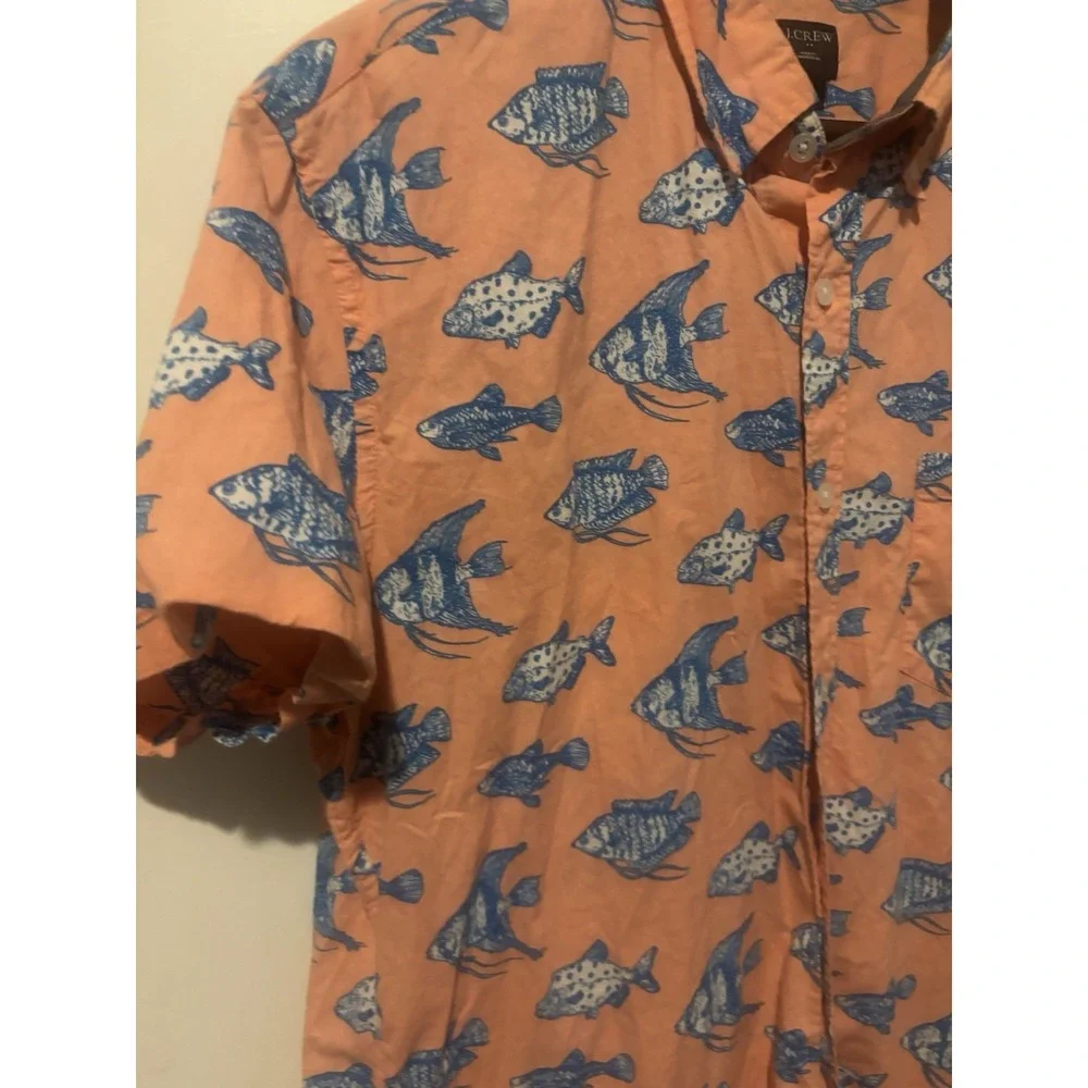 J.Crew Fish Short Sleeve Button‎ Shirt Mens Cotton Coral Orange Tropical Size Lg